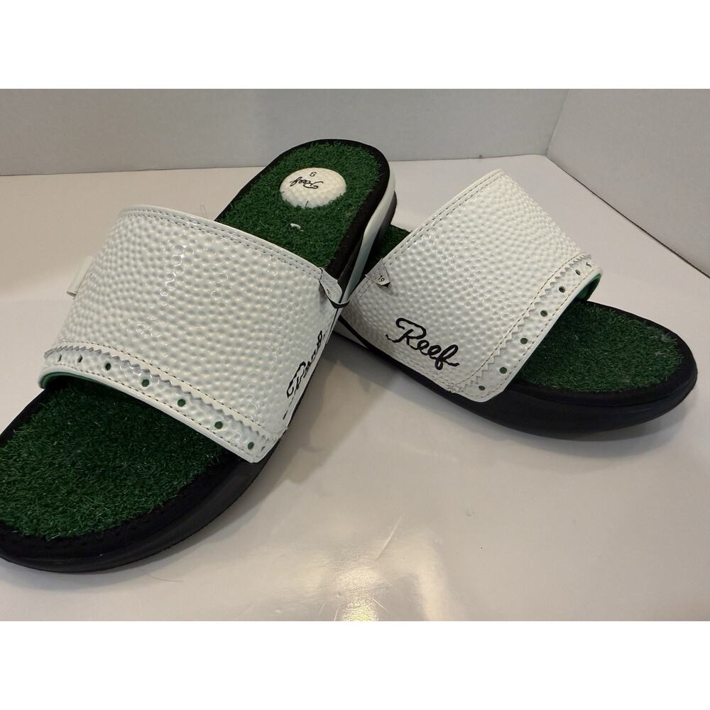 Reef Mulligan Golf Slide Sandals Mens 9 White Green Grass Tee Holder Novelty
